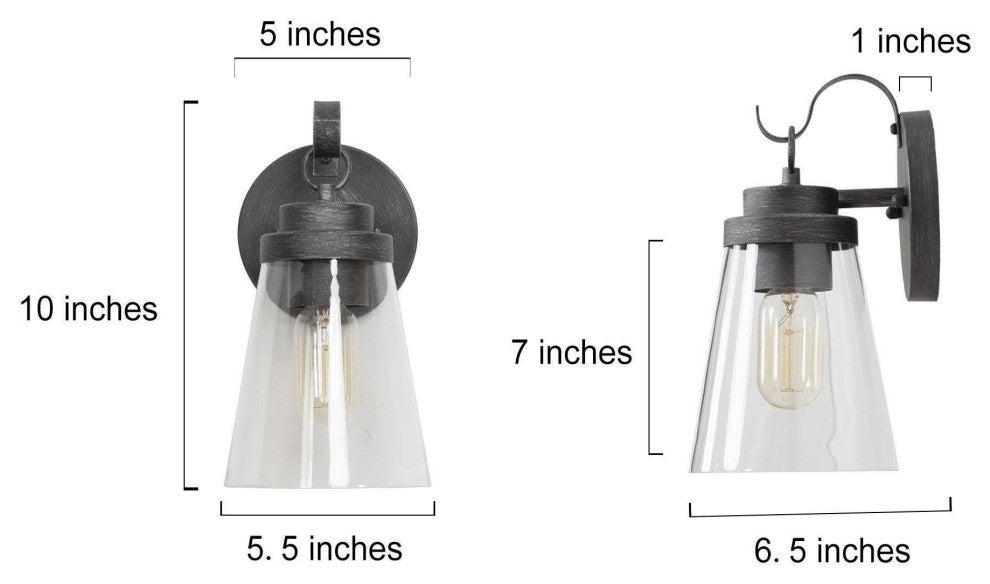 1-Light Modern Clear Glass Outdoor Wall Lamp, Set of 2, Brushed Black, 11"