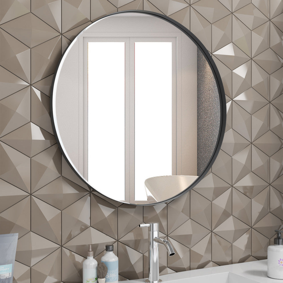 Round Framed Wall Mounted Bathroom Vanity Mirror, Black, 32x32