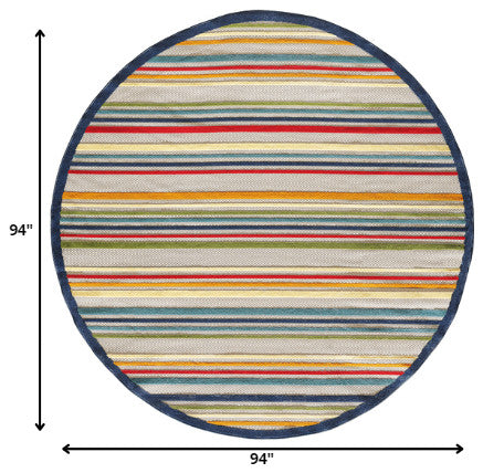 8" Round Navy Colorful Striped Indoor Outdoor Area Rug