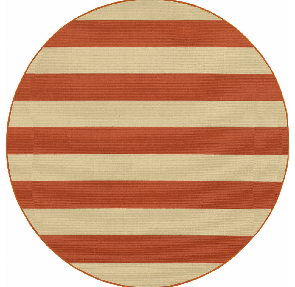 8??Round Orange And Ivory Striped Indoor Outdoor Area Rug