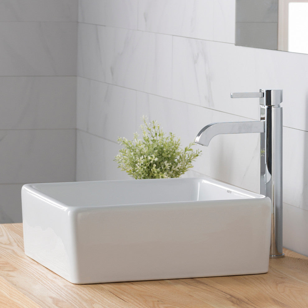 Elavo Square Ceramic Vessel Sink, Bathroom Ramus Faucet, PU Drain, Chrome