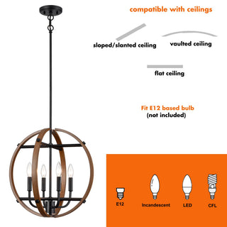 Farmhouse 4-Light Globe Pendant Light Wood Grain Finish