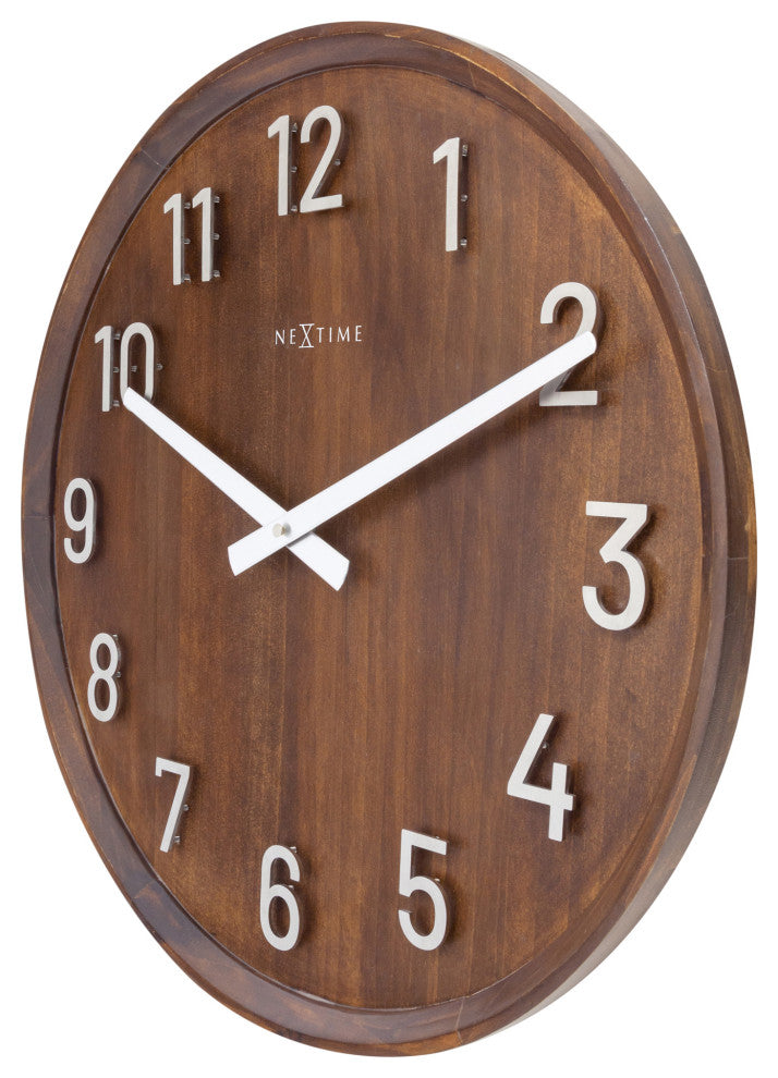 Precious 20" Wooden Wall Clock With Raised Metal Numbers, Brown