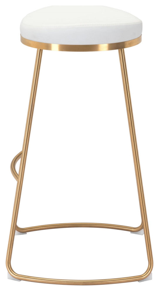 Bar Stool Chair Barstool, Set of 2, Faux Vinyl Leather, Steel, White, Gold