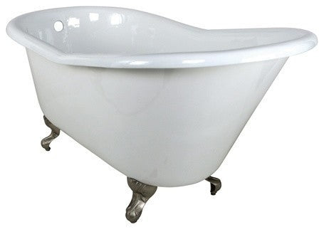 60" Single Slipper Clawfoot Tub No Faucet Drillings, White/Brushed Nickel