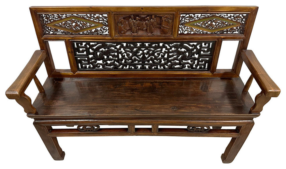 Consigned Late 19th Century Chinese Carved Hall Bench, Love Seat