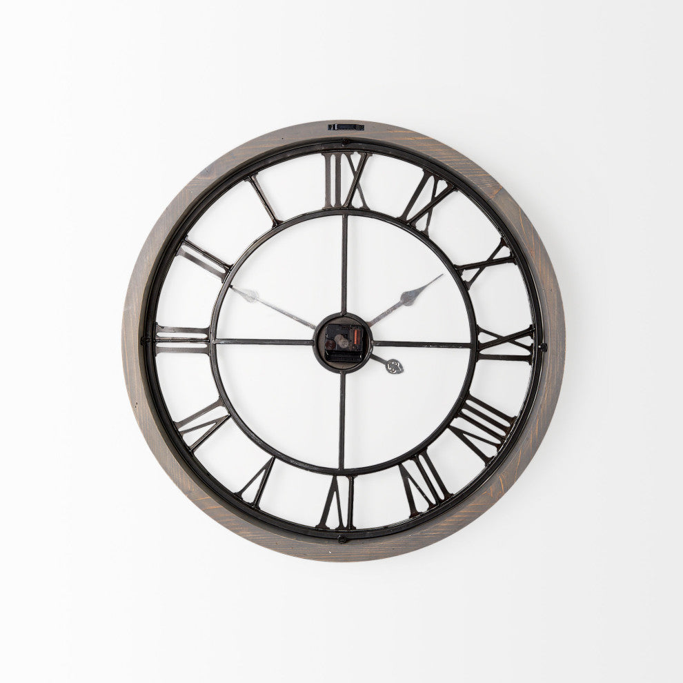Mething Gray Wood and Black Metal 25" Round Wall Clock