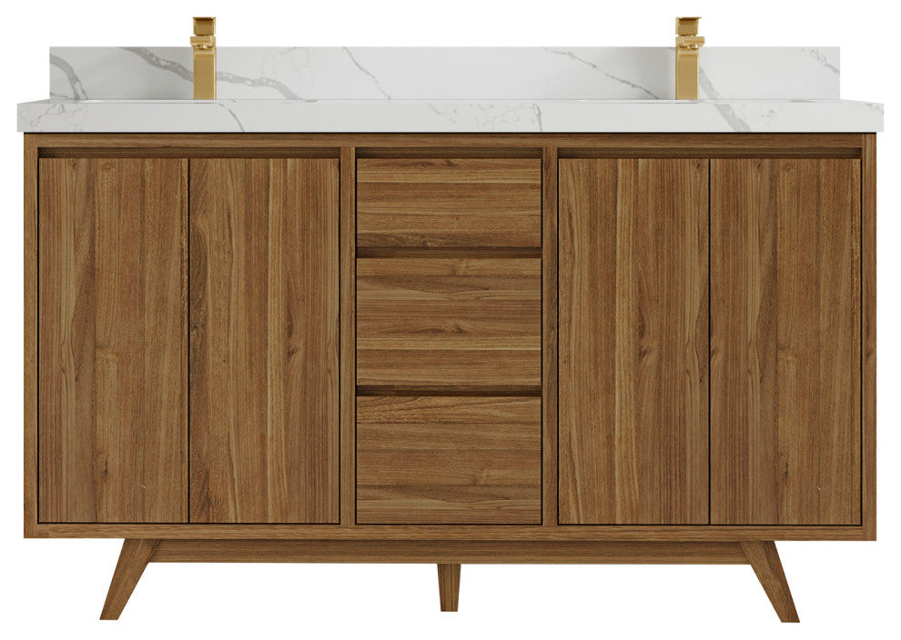 Madison Teak 60 Double Bathroom Vanity in Dark Natural 2" Calacatta Laza