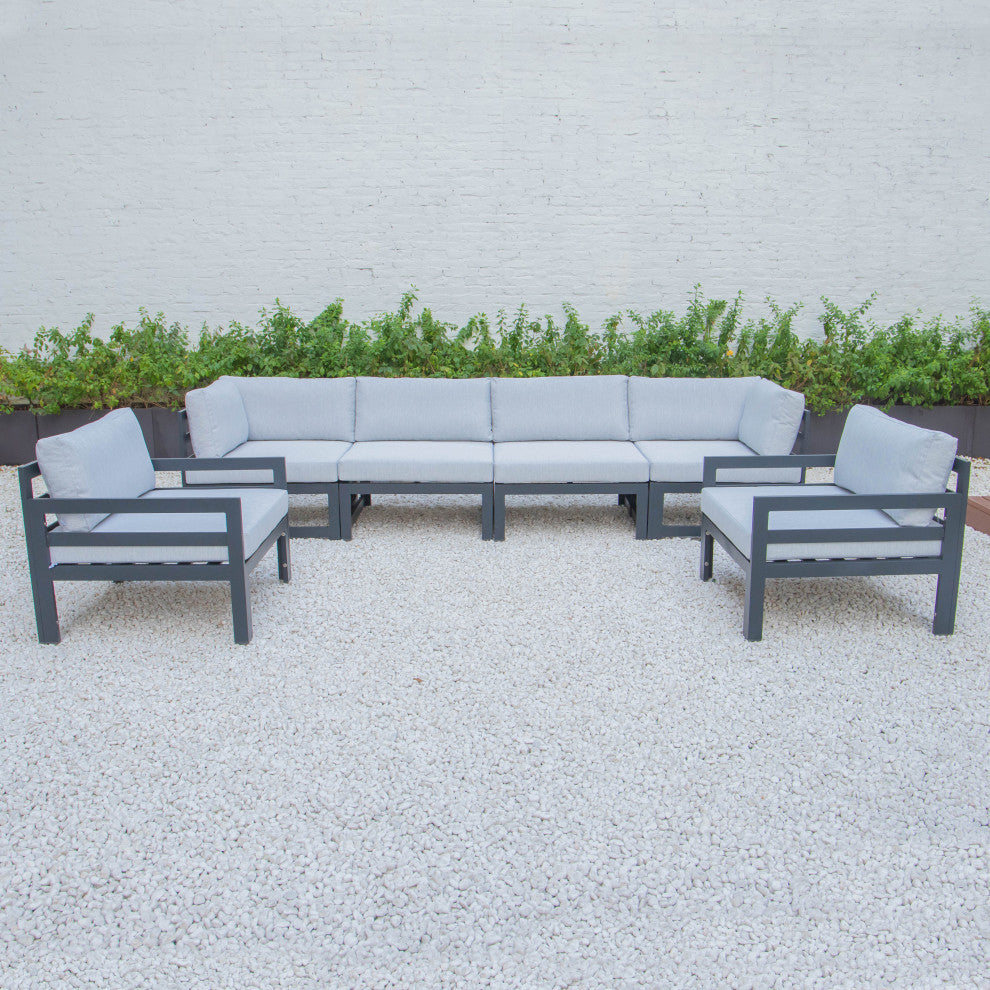LeisureMod Chelsea 6-Piece Patio Armchair Sectional Black Aluminum, Light Gray