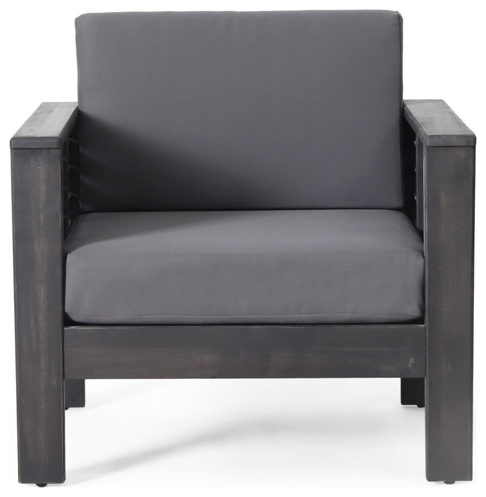 Rabun Outdoor Acacia Wood Club Chairs with Cushions, Dark Gray, Single