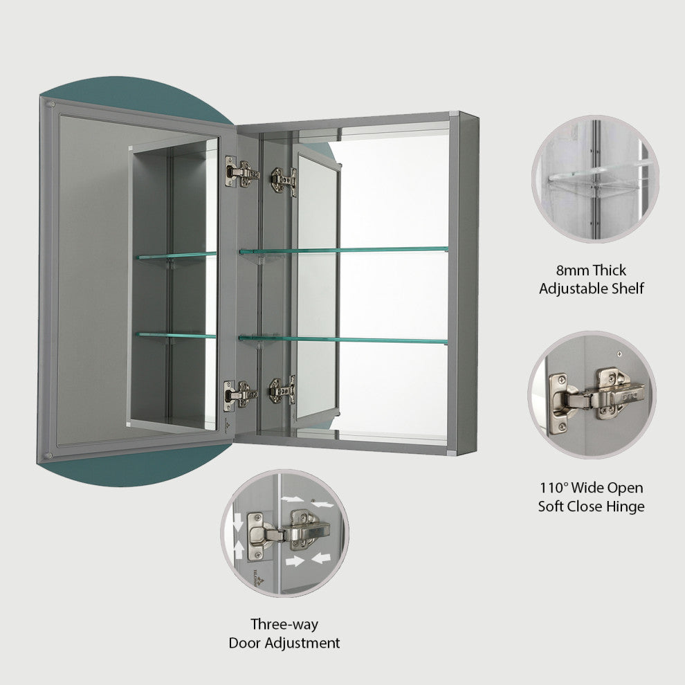 Aluminum Bathroom Medicine Cabinet, Recess Or Surface Mount, 20"x31"