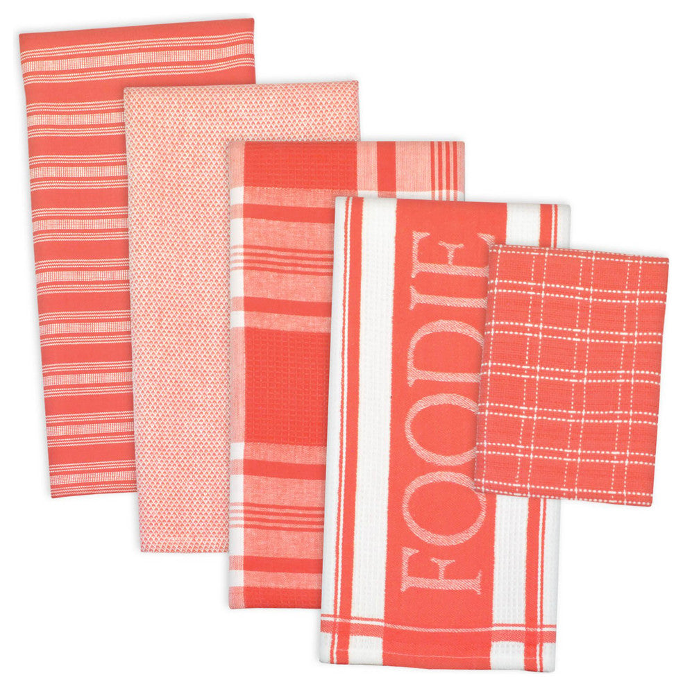 Assorted Coral Foodie Dishtowel and Dishcloth, Set of 5