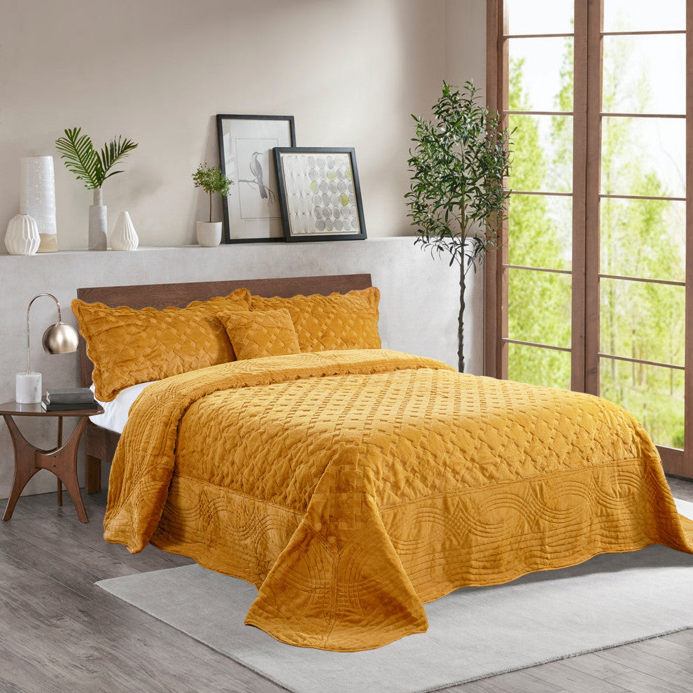 Tatami Quilted Faux Fur Bedspread Set, Apricot, King