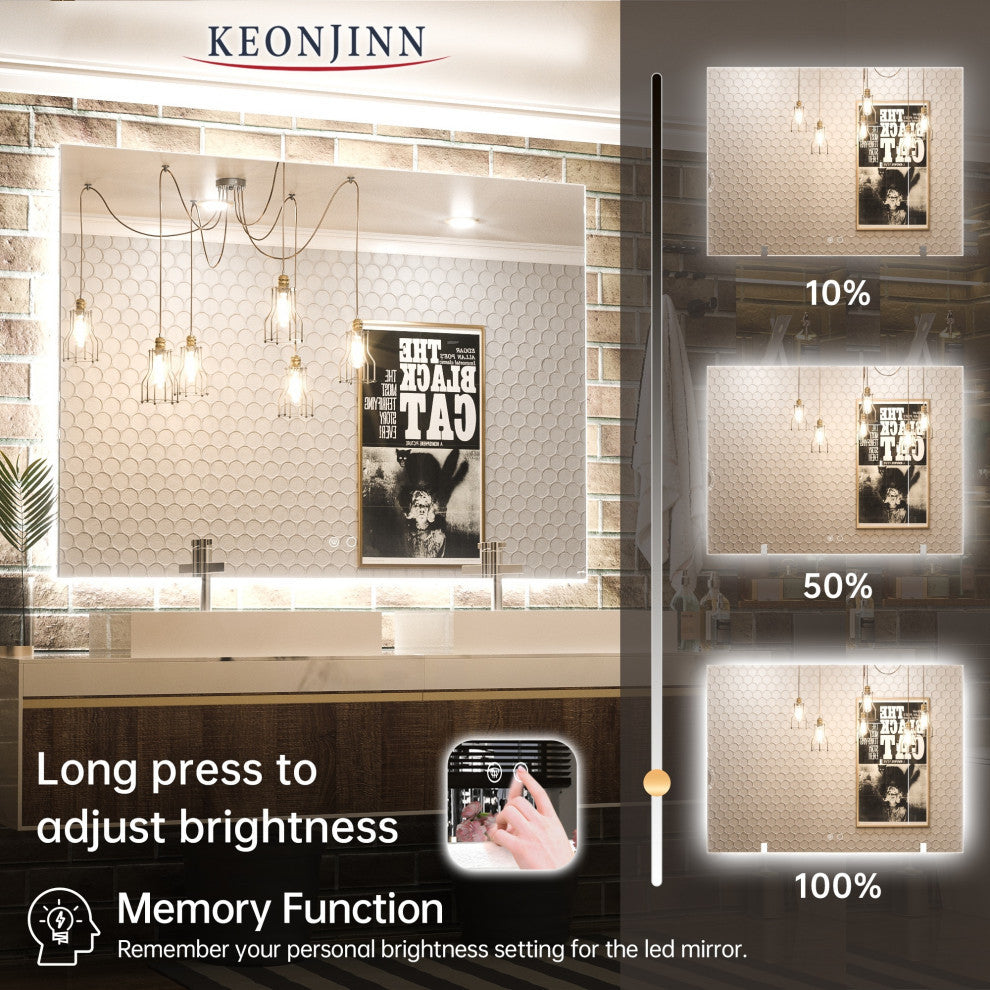 Backlit LED Mirror for Bathroom, Anti-Fog Dimmable, Silver, 48x36