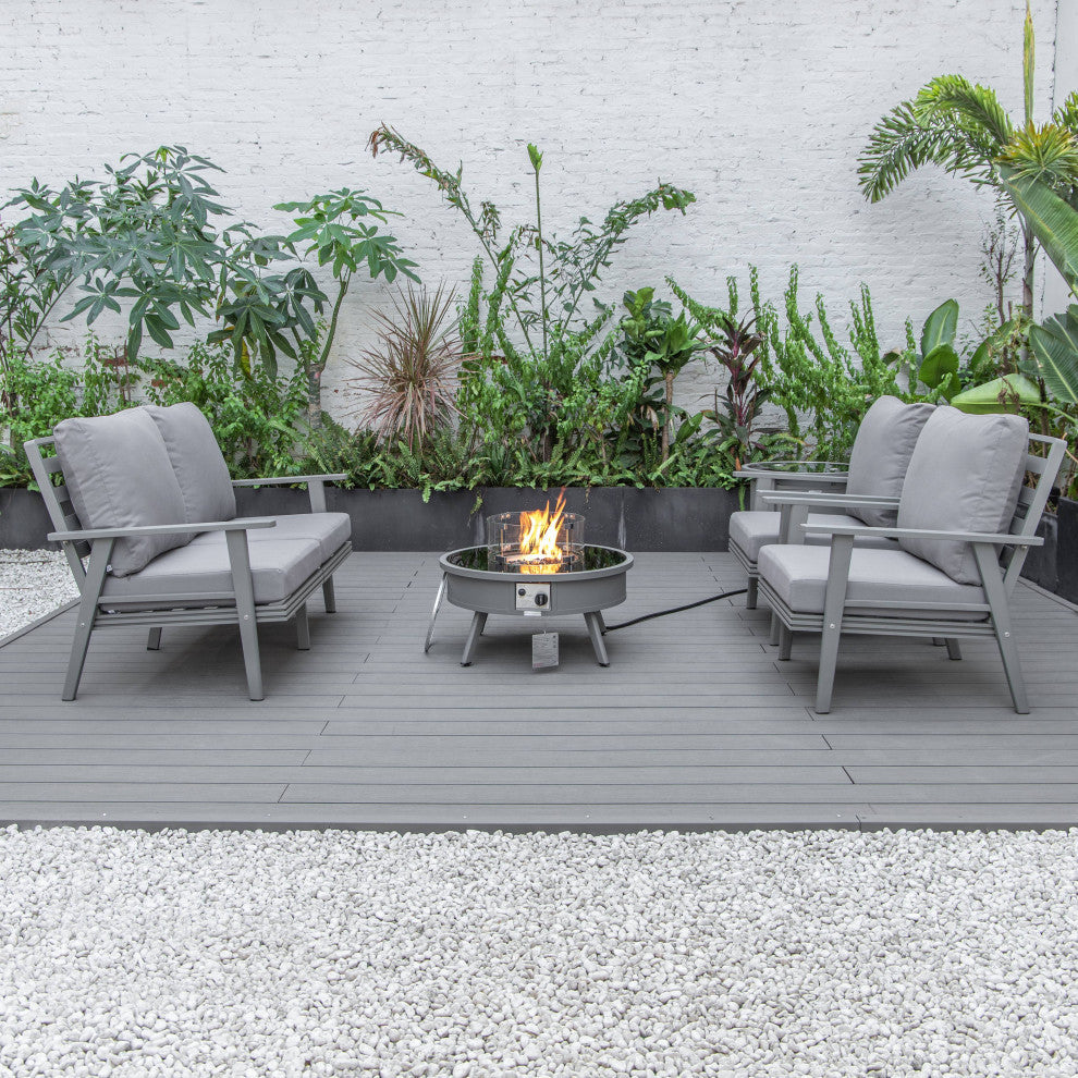 LeisureMod Walbrooke Grey Patio Sofa Set With Round Fire Pit Table, Grey