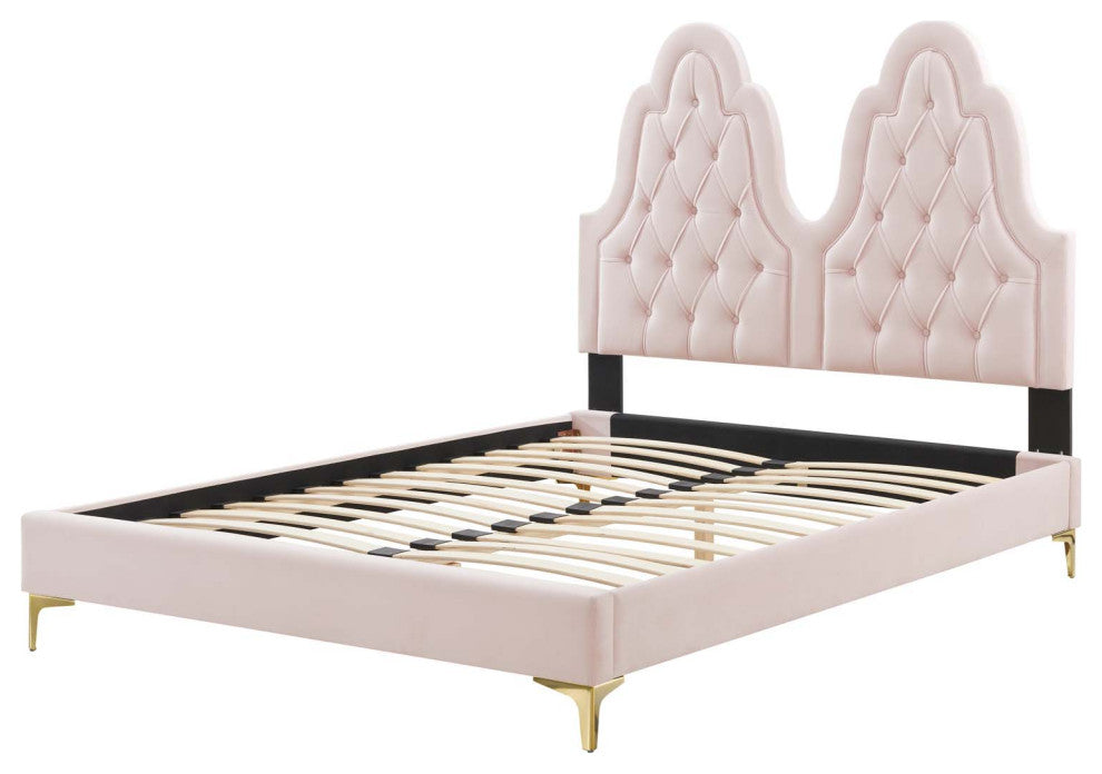 Tufted Platform Bed Frame, Twin Size, Velvet, Pink, Modern Contemporary, Bedroom