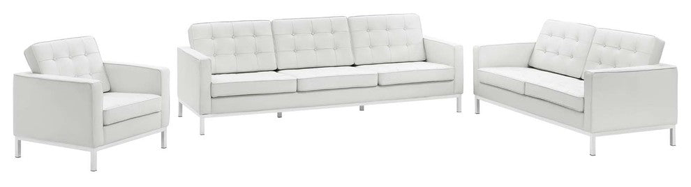 Modern Armchair and Loveseat Sofa Set, Genuine Leather, White