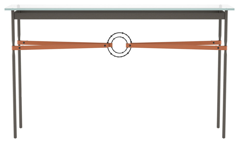 Equus Console Table, Dark Smoke Finish - Black Accents - Chestnut Leather Strap