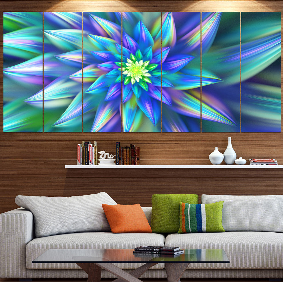 Huge Light Blue Fractal Flower, Floral Canvas Art Print, 83"x32", 7 Panels