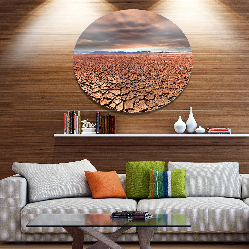 Drought Land Under Cloudy Sky, African Landscape Round Artwork, 23"