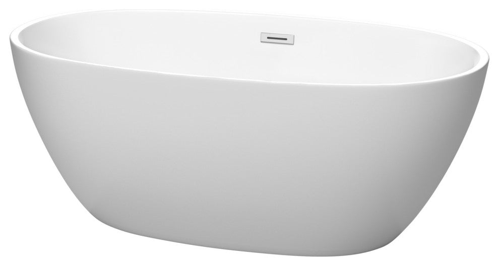 Juno 59" Freestanding Matte White Tub, Polished Chrome Drain and Overflow Trim