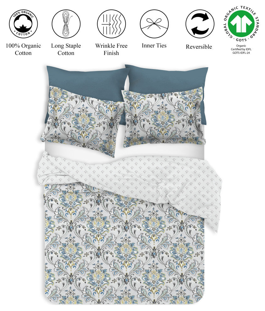Delara GOTS Organic Cotton Floral Reversible Print Duvet Cover Set, King(108"x92