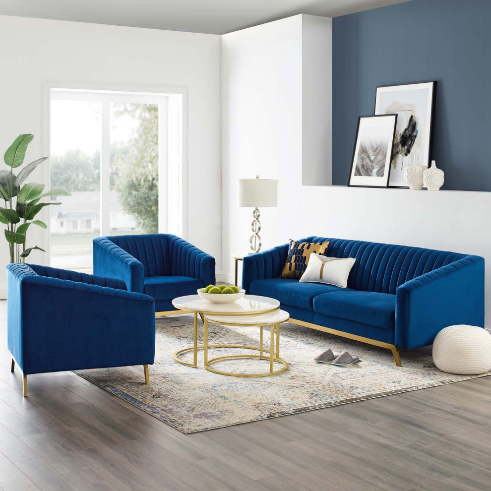 Tufted Armchair and Sofa Set, Velvet, Blue Navy, Modern, Lounge Hospitality