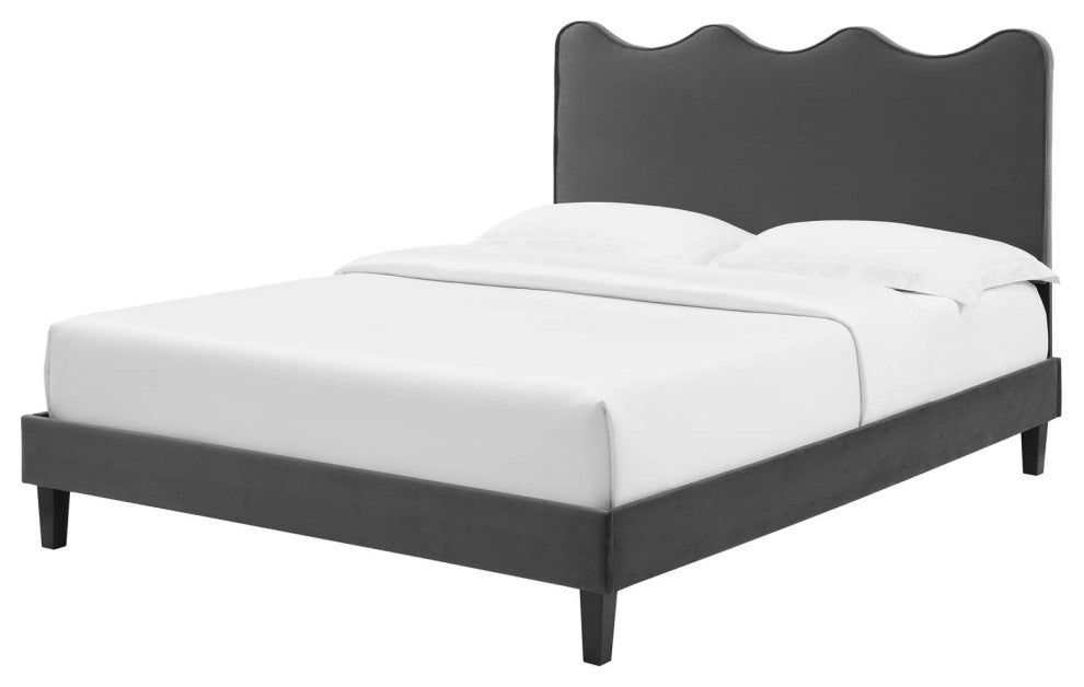 Platform Bed Frame, King Size, Charcoal Gray, Velvet, Modern, Guest Suite
