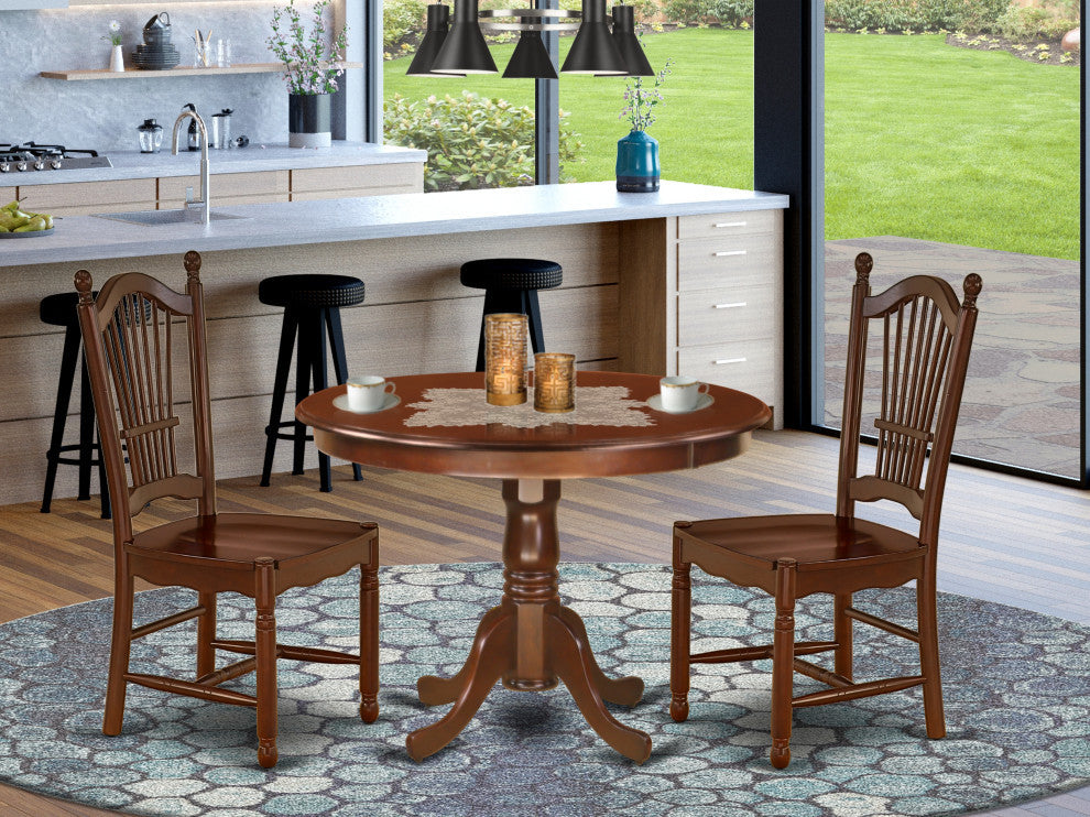 3Pc Round 42"Dining Table And 2 Wood Seat Dining Chairs