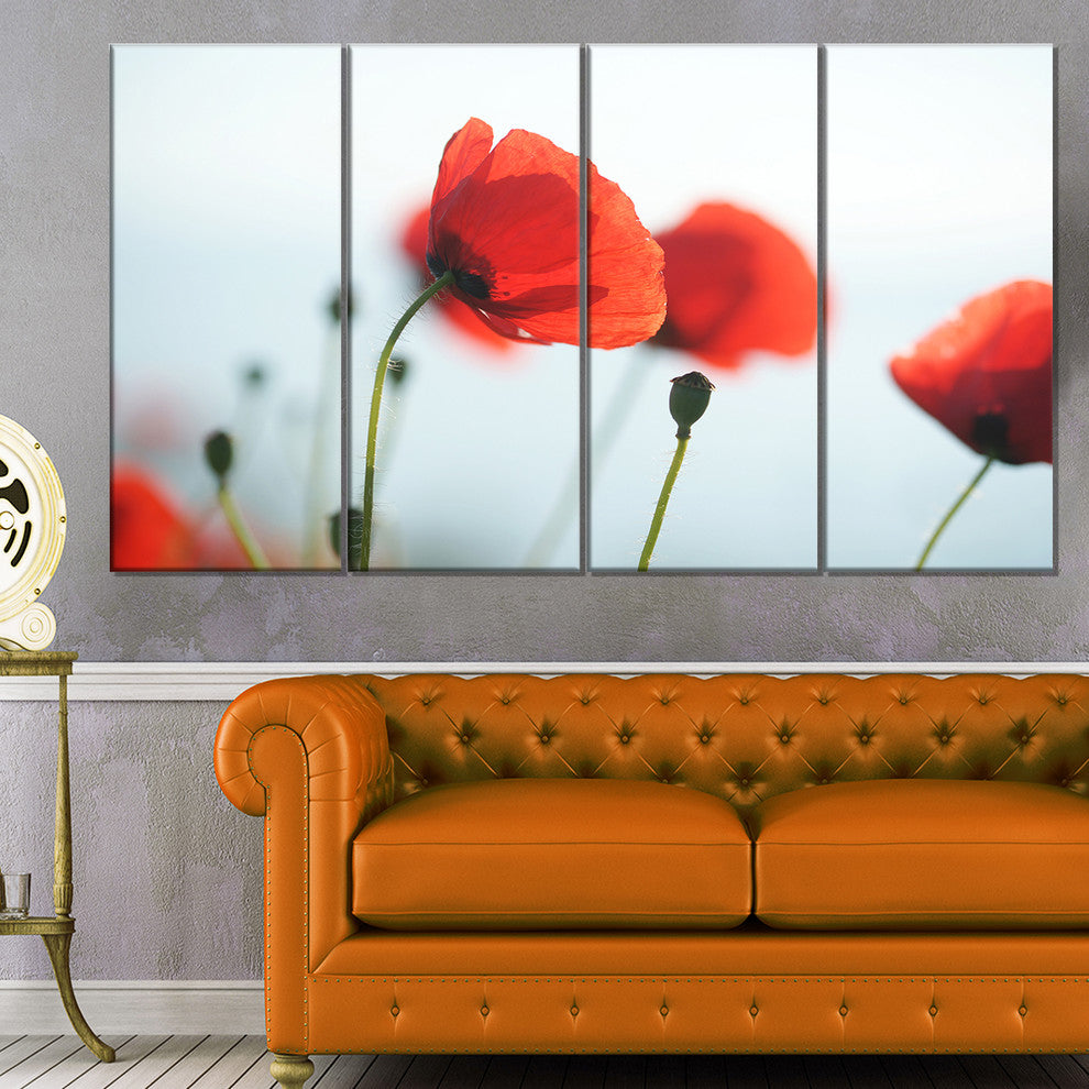 Poppies on Background of Sea, Floral Canvas Art Print, 48"x28", 4 Panels