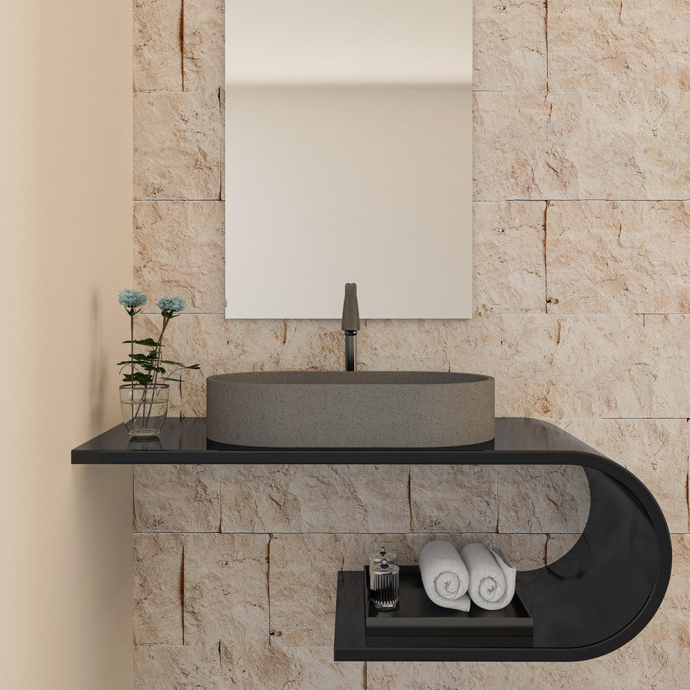 23in Bathroom Concrete Oval Vessel Sink with Drainer, Mottled Bluish Grey