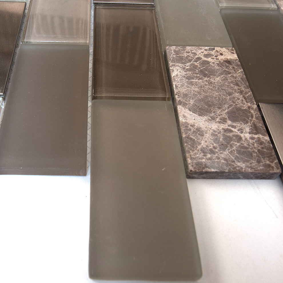 12"x12" Glass, Stone and Metal Mosaic Tile, Zamora, Big Brick, Set of 5