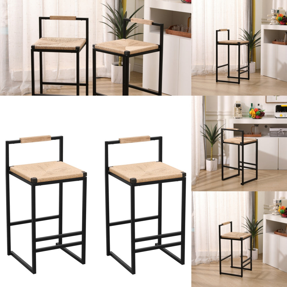 16.54" Natural Back Metal Bar Stools With Paper Rope Woven Seat, Set of 2