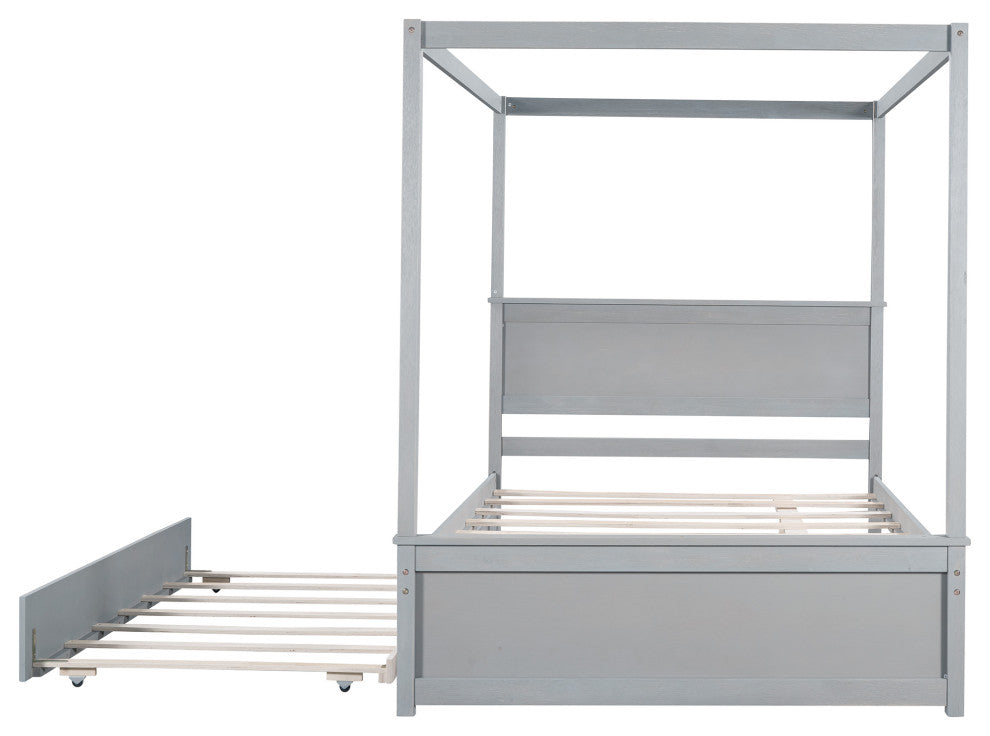 Full Wood Frame Canopy Platform bed with Trundle Bed, Grey, Full