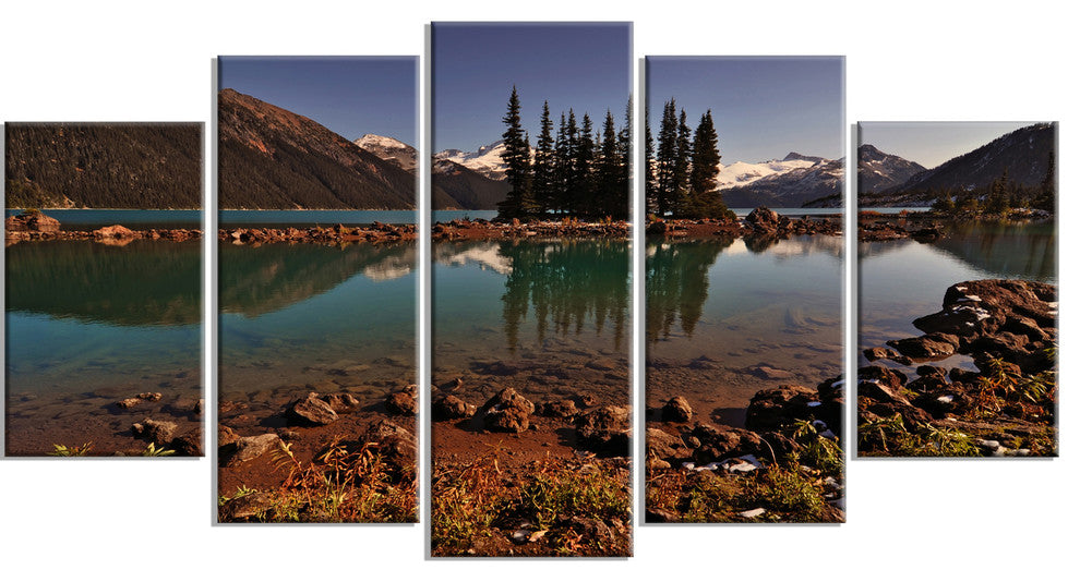 Lake and Pine Trees in Evening, Landscape Canvas Print, 60"x32", 5 Panels
