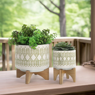 Ceramic 2-Piece Set, 5" and 8" Aztec Planter On Wooden Stand, Olive