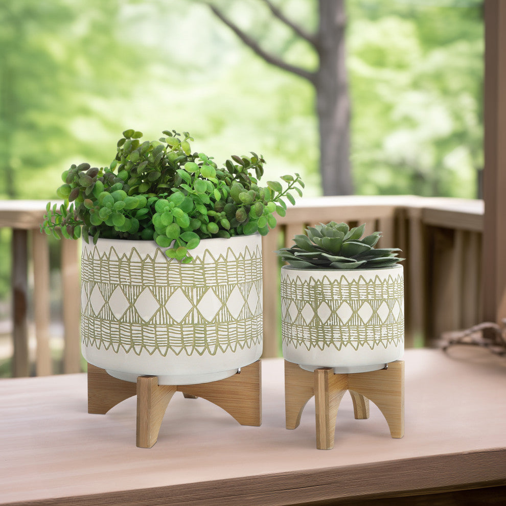 Ceramic 2-Piece Set, 5" and 8" Aztec Planter On Wooden Stand, Olive