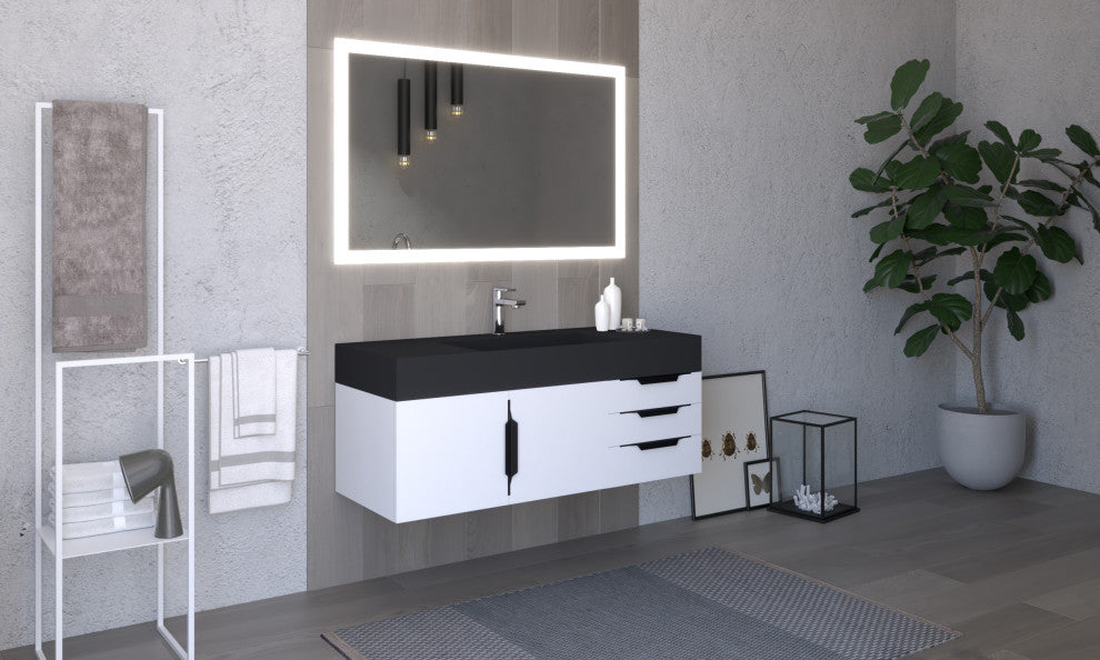 CastelloUSA Amazon 48" Wall Mounted Vanity Set, White, Black Top, Black Handles