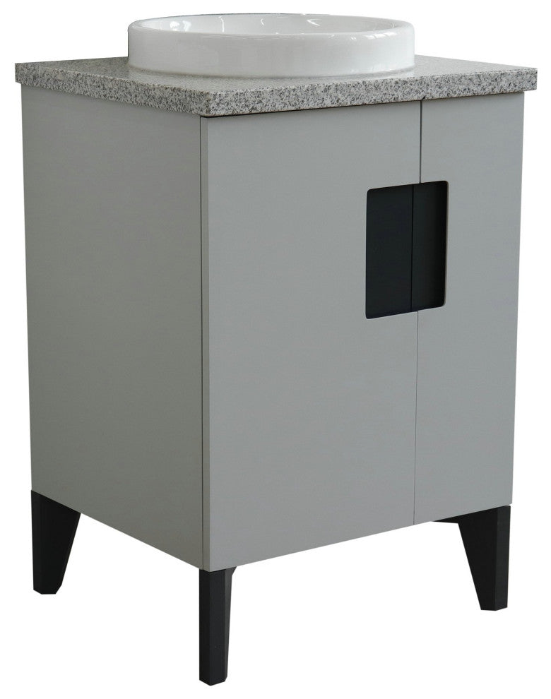 25" Single Sink Vanity, Light Gray Finish With Gray Granite And Round Sink