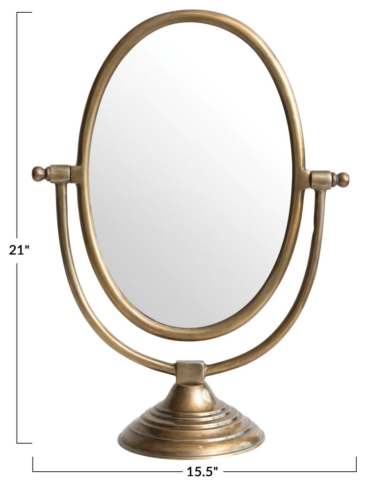 Vintage Aluminum Framed Mirror on Swivel Stand, Brass Finish