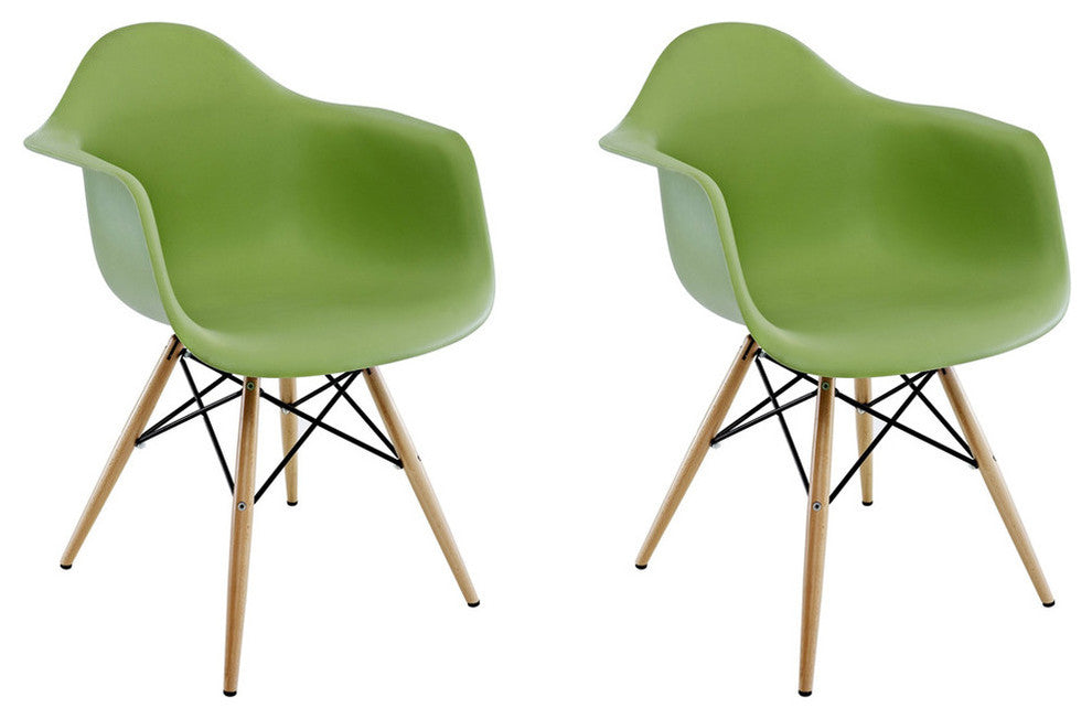 Set of 2 DAW Green Mid Century Modern Plastic Dining Armchair W/ Wood Eiffel Leg