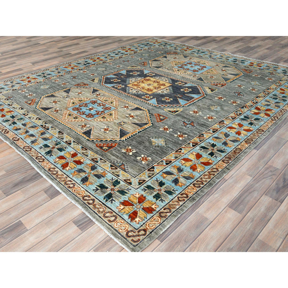 Cadet Gray Armenian Inspired Caucasian Design Wool Hand Knotted Rug 8'3"x9'9"