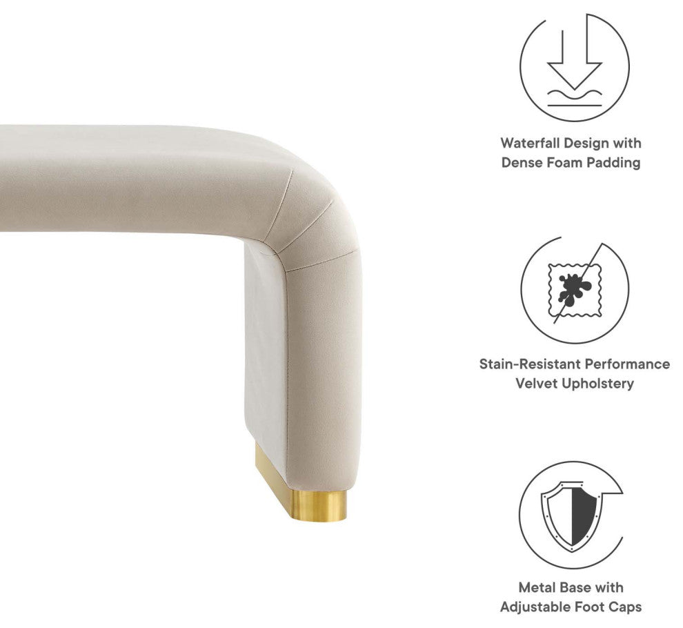 Koda Performance Velvet Waterfall Long Bench - Brass Almond