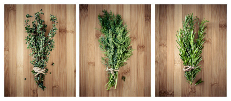 3-Piece Culinary Herbs On Bamboo, Kitchen Art Canvas, Contemporary Wall Decor