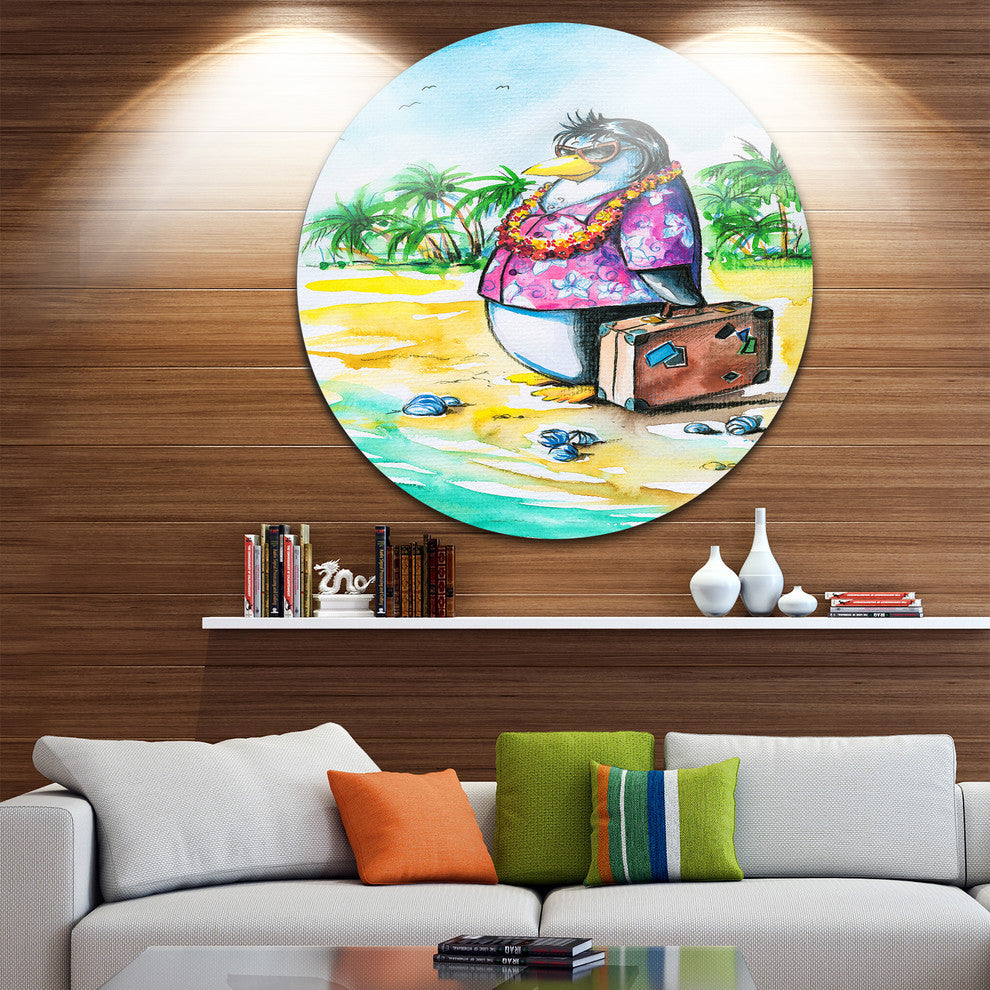 Penguin Enjoying Holidays On Beach, Cartoon Animal Round Wall Art, 11"