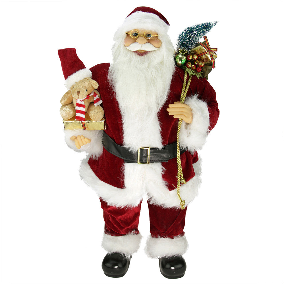 24" Standing Santa Holding a Teddy Bear With Gift Bag