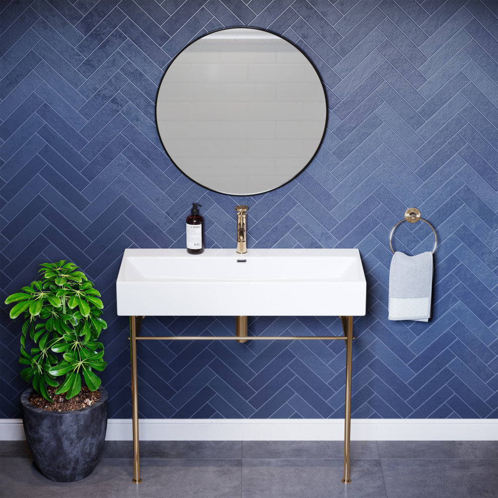 Claire 40" Ceramic Console Sink White Basin Gold Legs