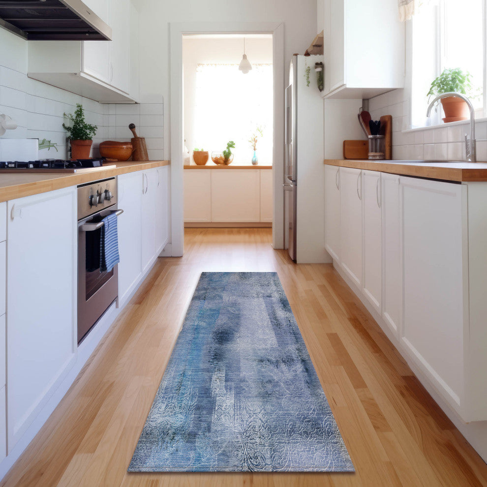 Premium Machine Washable Mayfield AMF537 Blue 2'3" x 7'6" Runner Rug