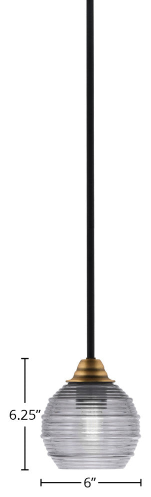 Paramount 1-Light Mini Pendant, Matte Black & Brass, 6" Smoke Ribbed Glass