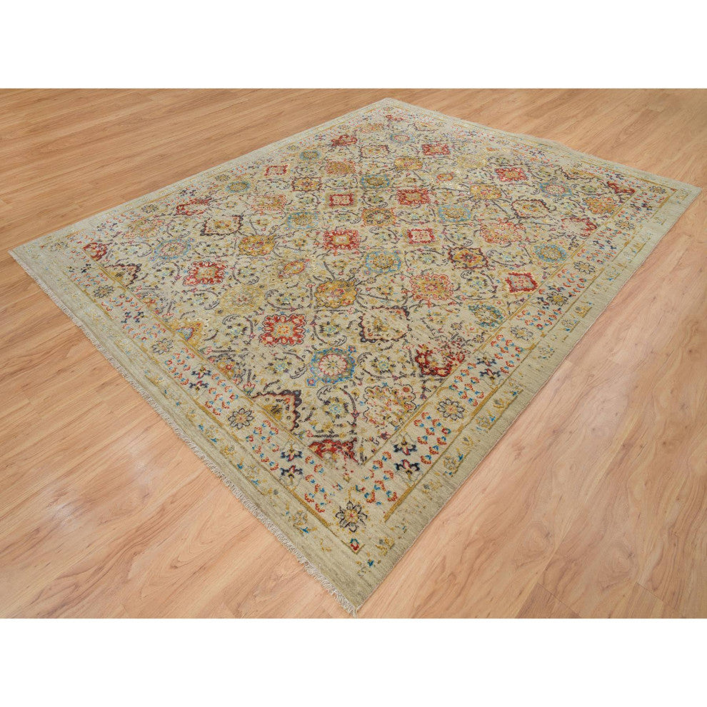 Beige, THE SUNSET ROSETTES, Hand Knotted Wool And Pure Silk, Rug, 8'2"x10'2"